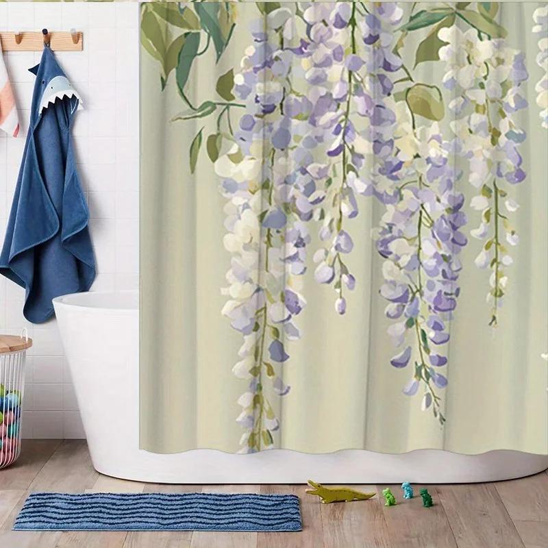 Wisteria Floral Shower Curtain - Lavender Purple & Green Leaves, Soft Green Polyester, 12 Hooks, 70.8x70.8 Inches, Modern Decor