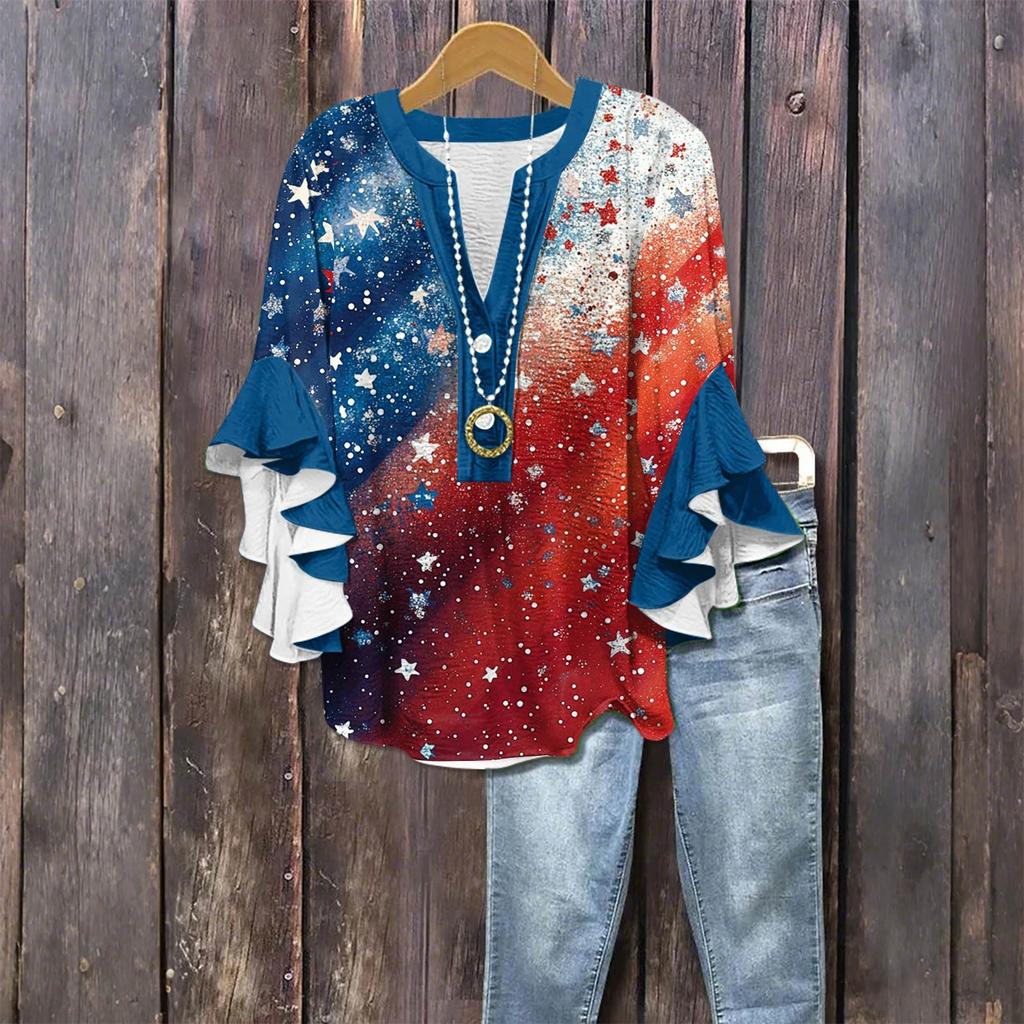 Women's Fashionable Casual Button-Down V-Neck Three-Quarter Sleeve Independence Day Printed Shirt Top