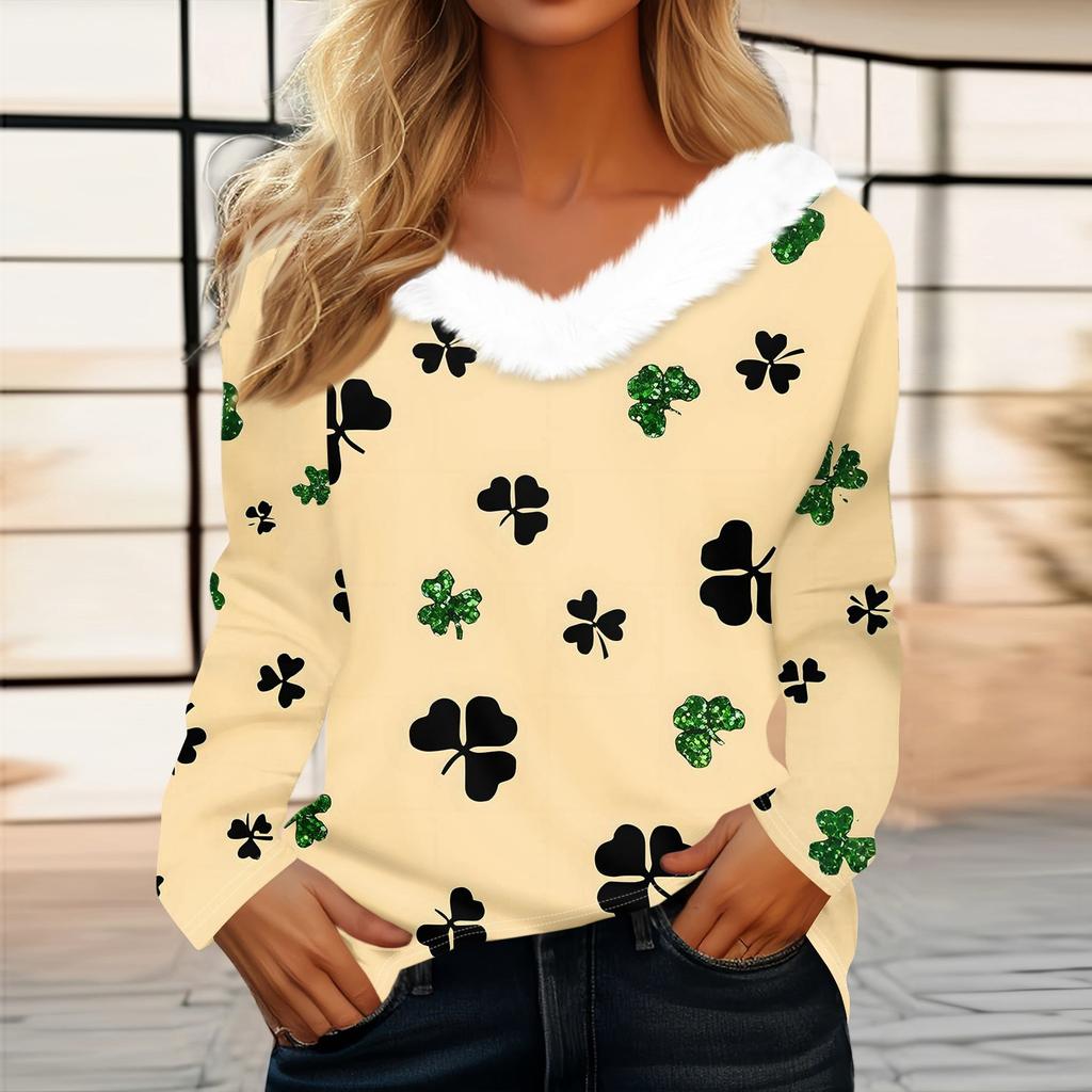 Women's Loose Casual Long Sleeved Printed Plush Collar V Neck Top, Long Sleeved Top
