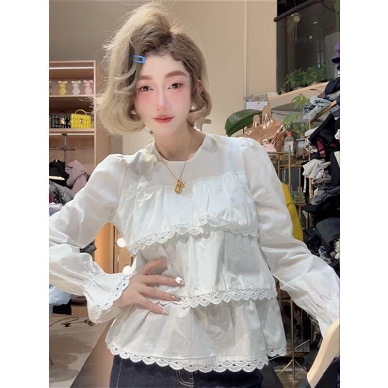 

Европейская станция Кружево Кружево Рукав-колокол Кукольная рубашка для женщин Весна и Осень Новое поступление Милая Молодежная Свободного кроя Стройнящая Рубашка Топы White 2XL
