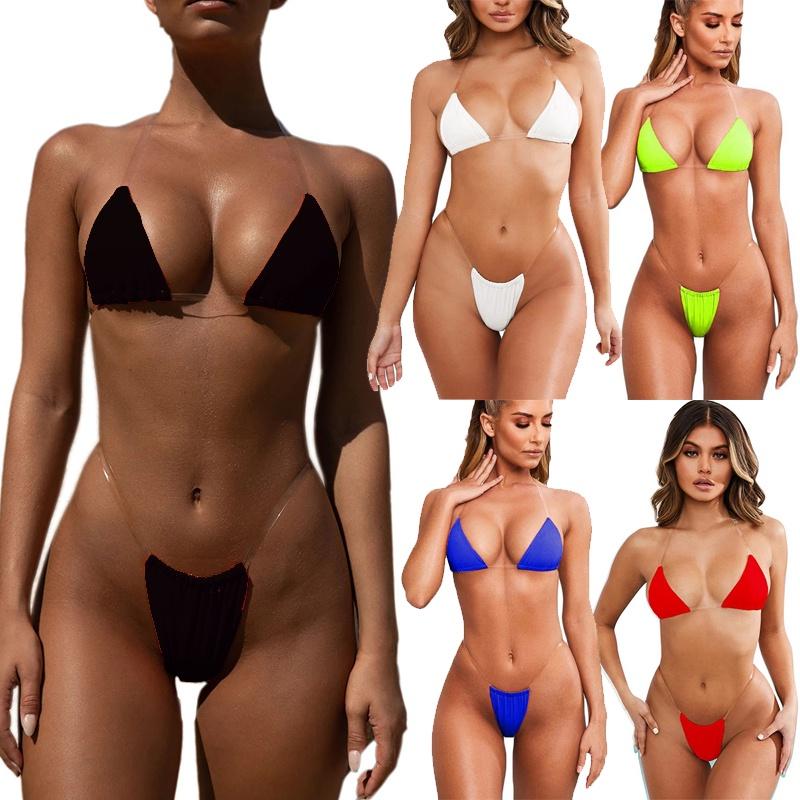 Clear Micro Bikini Straps Women Brazilian Gstring Set Thong Swimsuit Swimwear