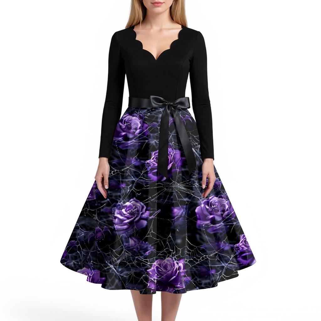 Women's Casual And Fashionable V-neck Long-sleeved Halloween Printed Dress