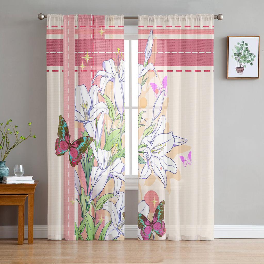 Flowers Butterfly Branches Purple White Tulle Window Treatment Sheer Curtains for Living Room the Bedroom Curtains Decoration