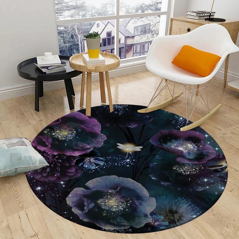Peony Rose Flower Round Carpet Botanical Floral Area Rug Soft Non-slip Circle Floor Mat for Bedroom Living Room Chair Sofa Decor