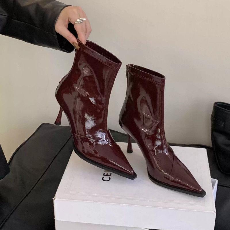 French Women's Stiletto Heel Black Patent Leather Ankle Boots - Elegant & Versatile for Autumn/Winter 2025