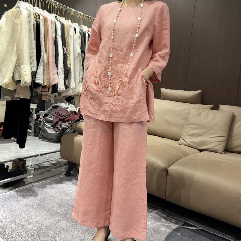 Retro Cotton and Linen Three-quarter Sleeve Suit Women's Summer  Loose Casual Chinese Embroidery Wide-leg Pants Two-piece Set
