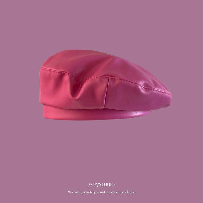 

Beret Hat Women Pu Leather Fashion Hat For Street Style And Winter Warmth Rose Pink