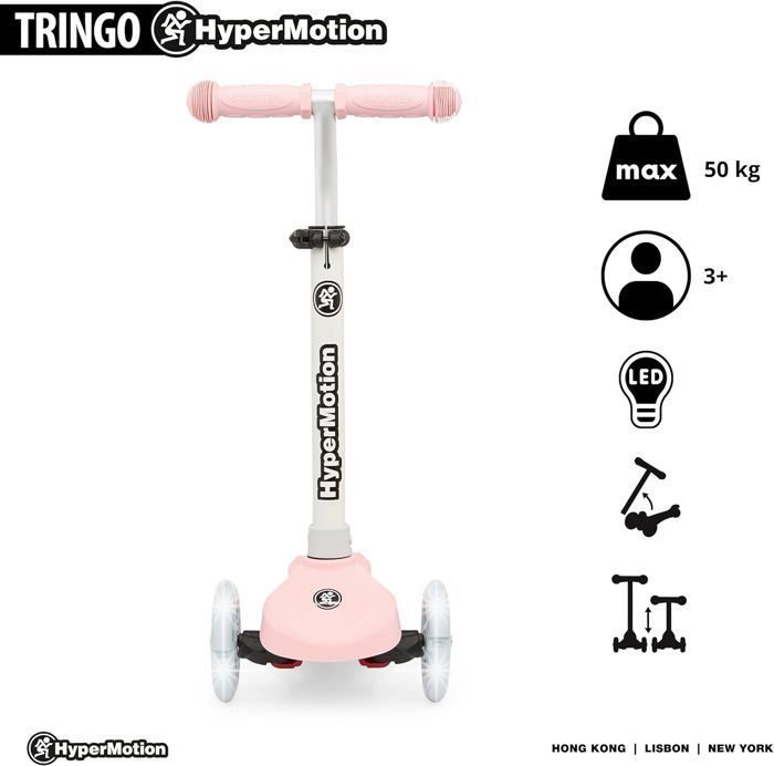 Trottinette 3 roues LED- HyperMotion - TRINGO - Rose - Hauteur réglable 55-70 cm - Max 50 kg