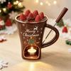 Christmas Ceramic Fondue Mug, Chocolate Melting Cup with Tealight Holder & Fork