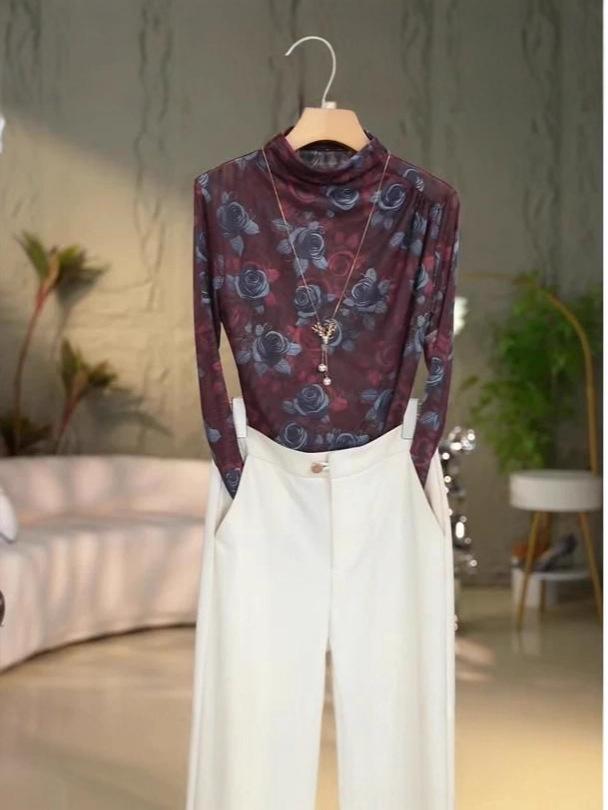 Women's Autumn/Winter High Collar Long Sleeve Printed Shirt - Casual Style