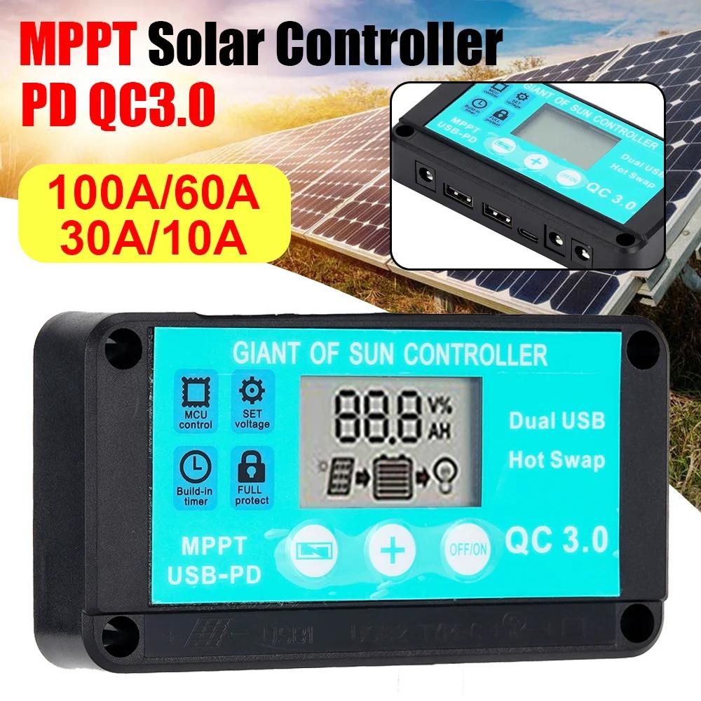 MPPT solární regulátor nabíjení 10A 12V/24V s vícenásobnou ochranou, regulátor solárních panelů s LCD displejem, rychlé nabíjení 3.0, nabíječka baterií