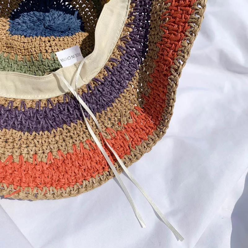Handwoven Straw Rainbow Sun Hat for Ladies Summer Vacation Beach Colorful Hat Foldable Beach Hats Women Sun Hats
