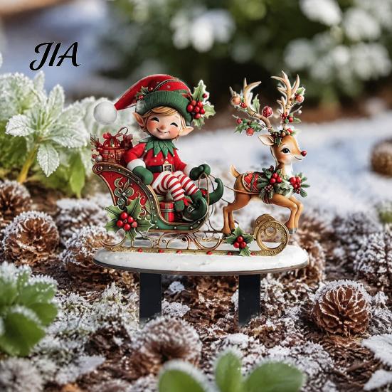 Christmas Garden Display Elf Stake, Reindeer Sleigh Acrylic Yard Art Decorative Flowerbed Stakes Waterproof Xmas Outdoor Ornament for Holiday