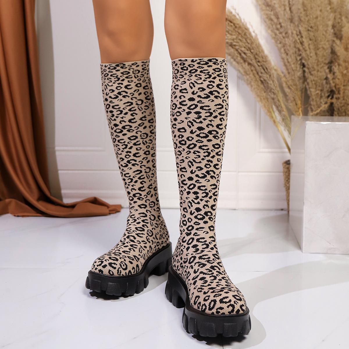 

Fashion Chunky Platform Knee-High Boots Women Autumn Winter Fashion Elastic Socks Boots Thick Sole High Tube Long Botas Mujer Leopard 35