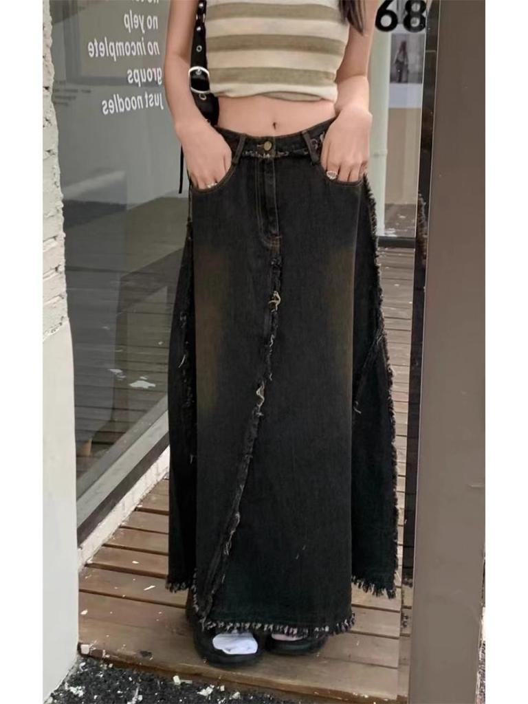 Women's Black Denim A-Line Midi Skirt with Raw Hem for Spring/Autumn 2025