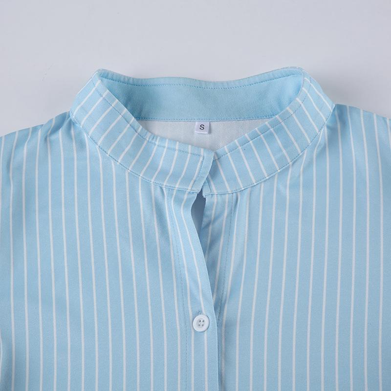 Sweetown Blue Stripe Short Sleeve Shirts For Women Button Up Turn Down Collar Slim Simple Casual Preppy Tops Basic Summer Tees