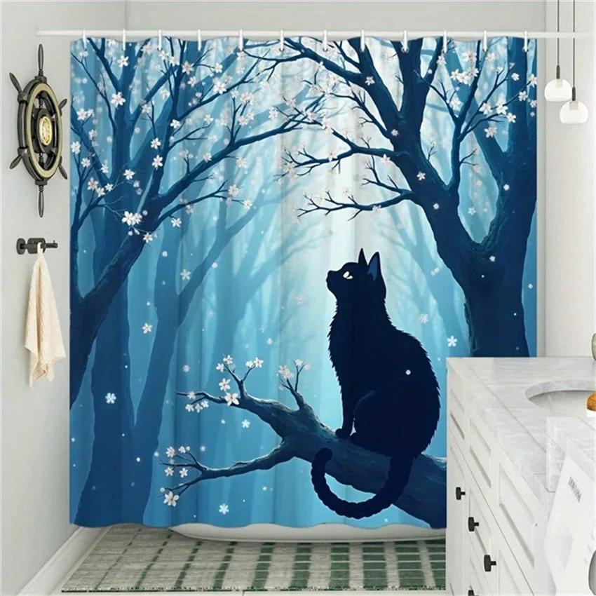 Mystical Night Forest Cat Shower Curtain - Water-Resistant, Easy to Clean, Adds a Magical and Serene Touch toYour Bathroom Decor