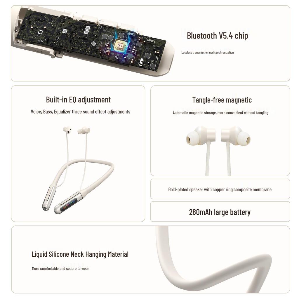 258 Bluetooth-Kopfhörer mit Nackenband, magnetischer Absaugung, Digitalanzeige, geringer Latenz, langer Akkulaufzeit und hoher Klangqualität.