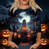 Women's Casual Halloween Printed T Shirt Fashion Round Neck Three Quarter Sleeve Top with Pumpkin Haunted House Design