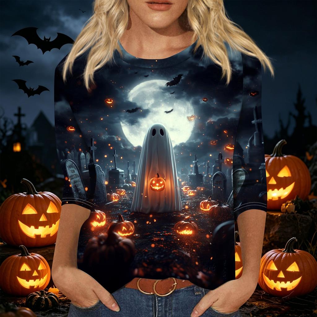 Women's Casual Halloween Printed T Shirt Fashion Round Neck Three Quarter Sleeve Top with Pumpkin Haunted House Design