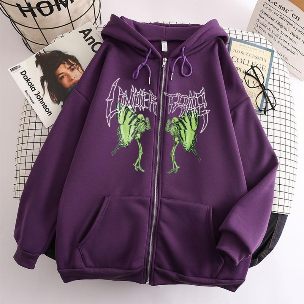 Women's Hooded Zip Up Loose Fit Long Sleeve Printed Butterfly Casual Cardigan Sweatshirt Jacket