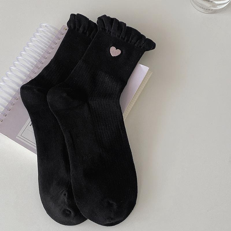 

White socks women s lace bubble mouth cute Japanese embroidery love tube socks spring and summer breathable One size чёрный
