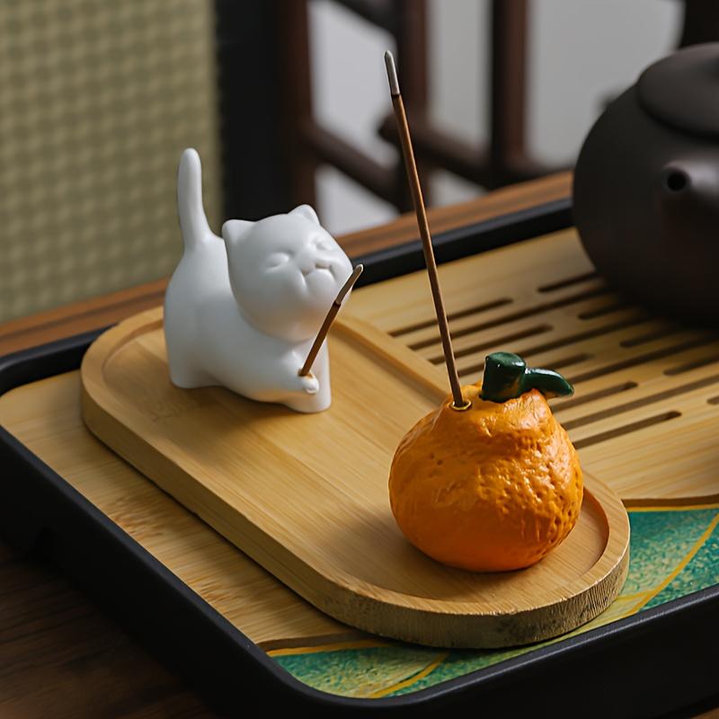 Cute White Cat & Orange Ceramic Tabletop Incense Holder with Matching Cat-Shaped Holder Home Decorative Incense Sticks