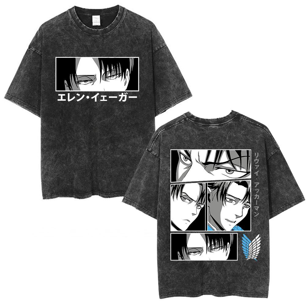 Anime Attack on Titan Washed T Shirt Men Cotton Casual Short Sleeve T-shirt Manga Levi Ackerman Oversized T-shirts Streetwear