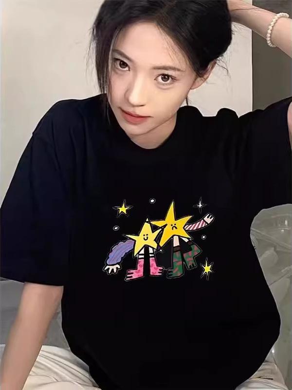 2025 Women's Loose-Fit Black Short Sleeve T-shirt – Pure Cotton, Trendy American Niche Design