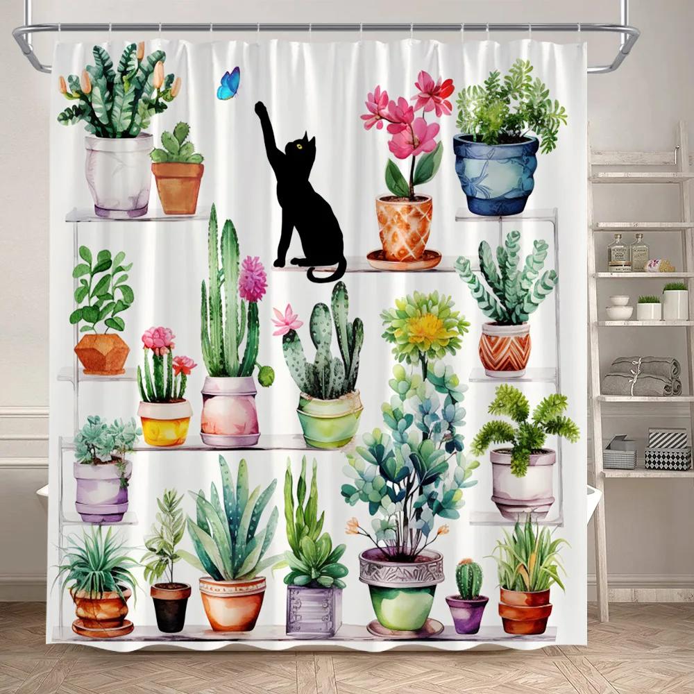 Green Plant Shower Curtains Watercolour Vine Leaves Butterfly Potted Plants Modern Polyester Fabric Home Bathroom Curtain Decor