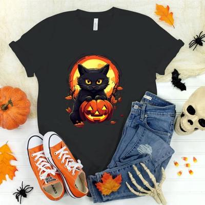 (Koszulka Premium)Halloweenowy Kot Dynia Nadruk Koszulka Fajny Letni Codzienny T-shirt