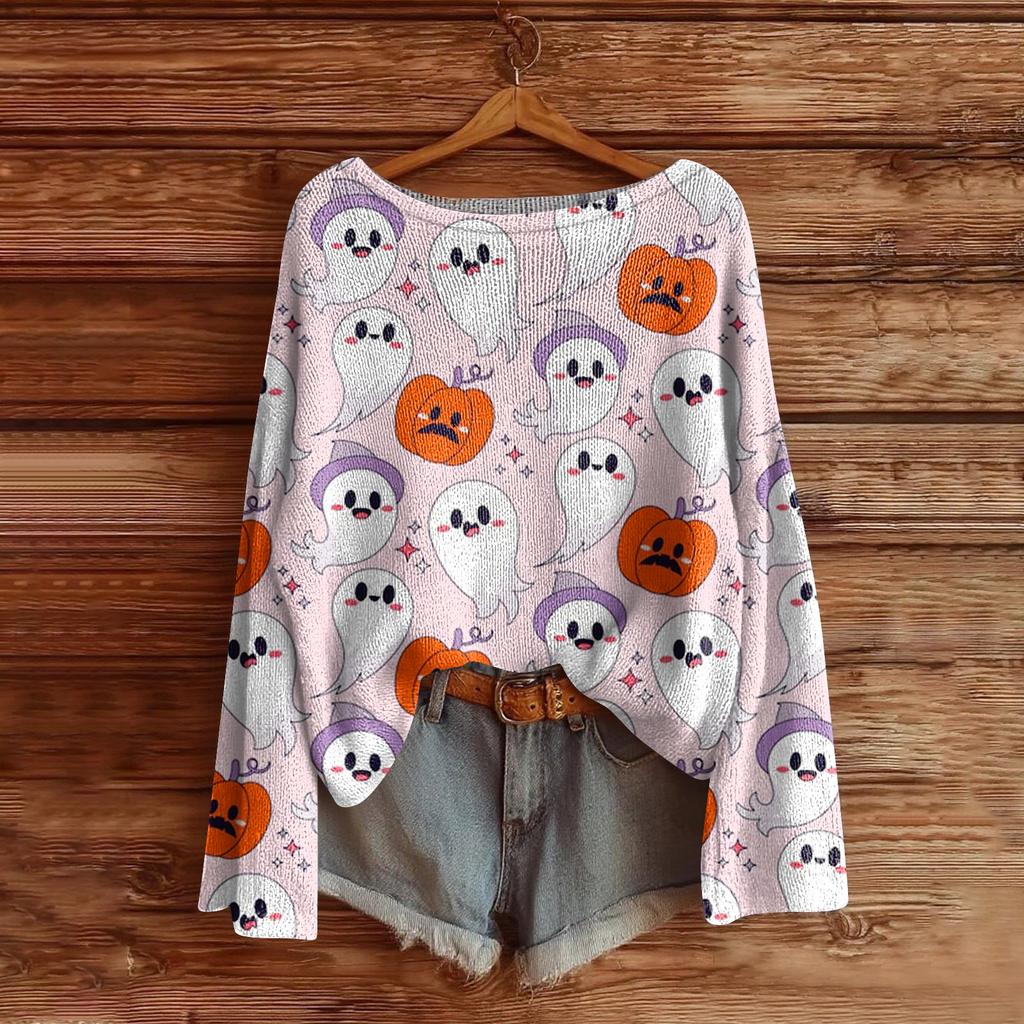 Women's Halloween Sweater, Bohemian Vintage Pattern Print Long Sleeve Knit Pullover