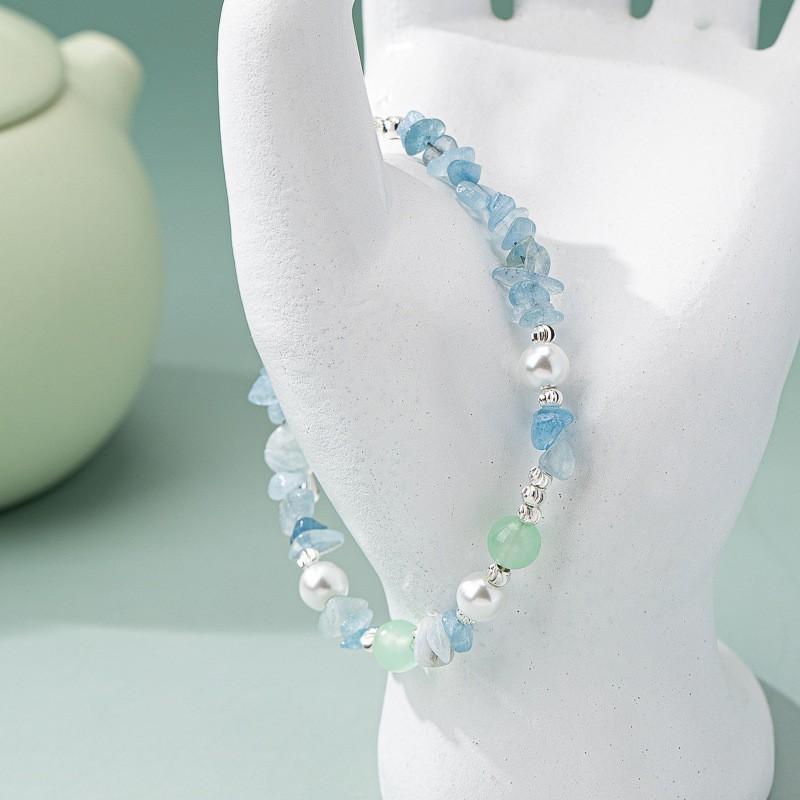 Blue Crystal Pearl Necklace Irregular Stone Bracelet Set Women Fresh Minimalist Choker Chain Jewelry Bracelet