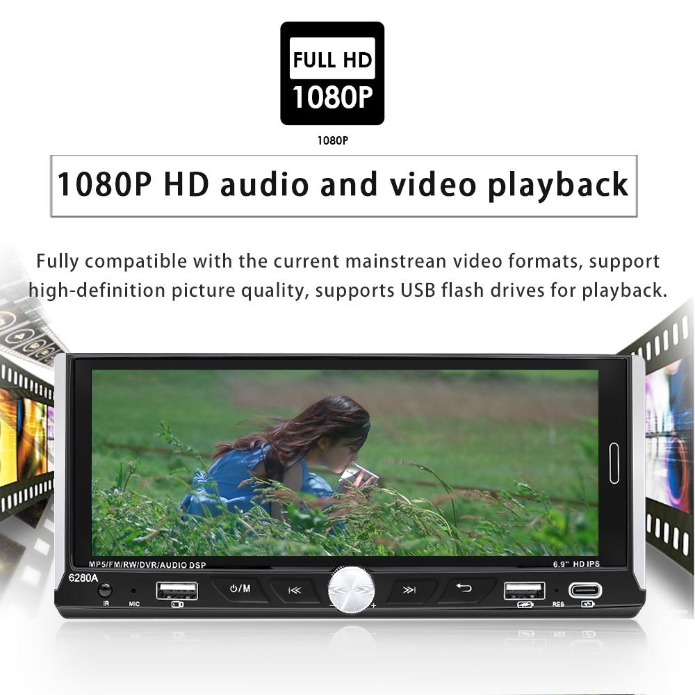 1 Din Car Stereo MP5 Player Car Radio 6.9 Inch Multimedia Player Carplay Android Auto Bluetooth Screen Mirroring USB