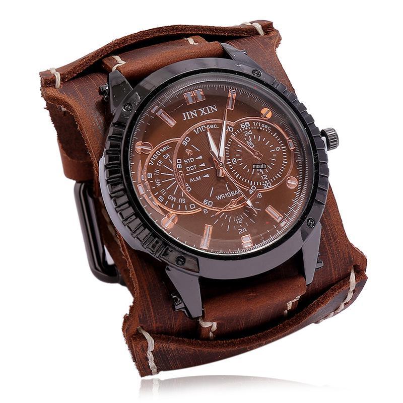 Retro Distressed Men s Cowhide Watch: European American Punk Wide Leather Bracelet Jewelry