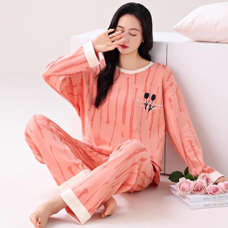 Women's pajamas spring and autumn long-sleeved trousers pure cotton two-piece suit, girls can wear cotton loungewear in autumn and winter