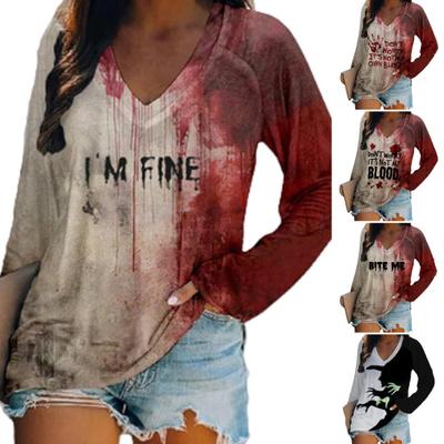 Dámske tričko s výstrihom do V, s dlhým rukávom, s potlačou krvavých písmen, voľného strihu, halloweenske pulóvrové topy, streetwear
