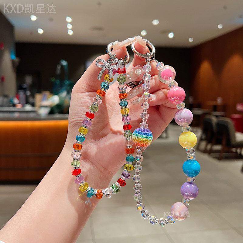 Kai Xing Da Light Luxury Colorful Diamond Crystal Phone Chain Butterfly Pendant Handmade Beaded Strap Anti-Lost Bag Keychain