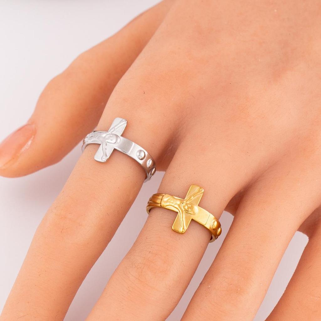 Adjustable Retro Gold-Plated Stainless Steel Cross Ring