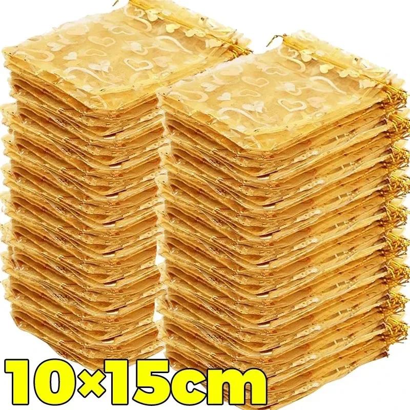 200/10PCS Gold Organza Drawstring Gift Bags Mini Earring Jewelry Pouches Wedding Christmas Party Favor Wrapping Packing Supplies