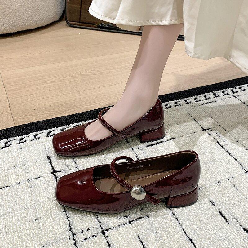 Fashion Retro Red Shoes Women Thick Heels Ankle Buckle Lolita Shoes Woman Student French Square Heel Shallow Mouth Single Shoe