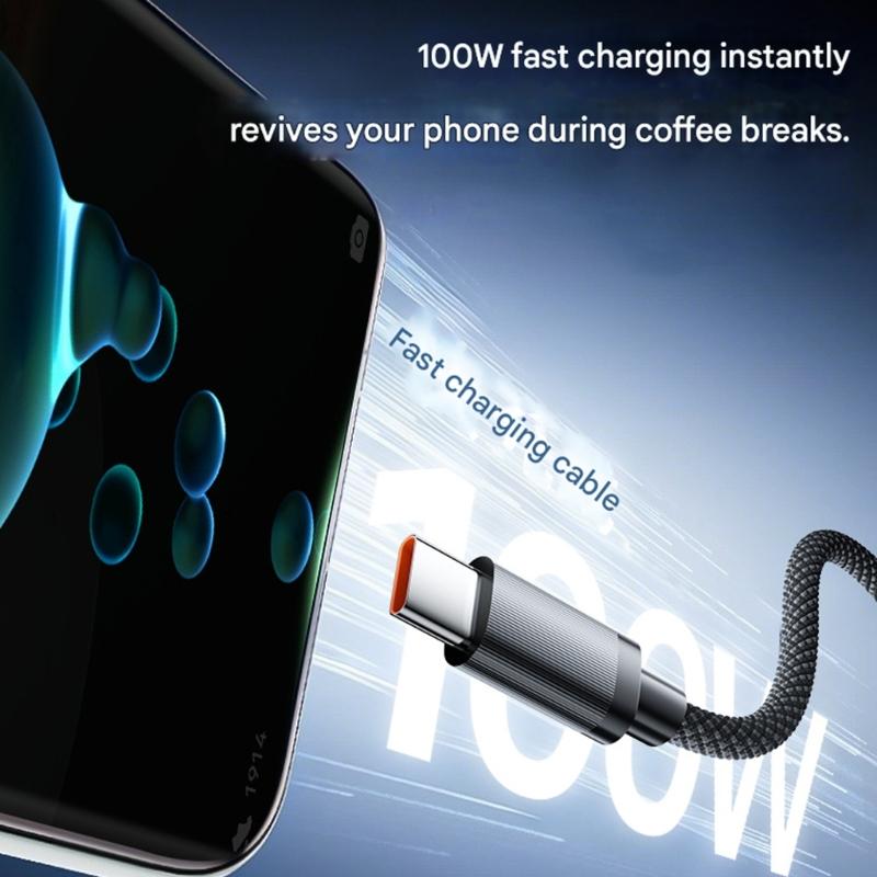 100W Double Port Fast Charging Braided Cable with LED Light Heavy Duty Charging Cord for Multiple Devices USB Type C