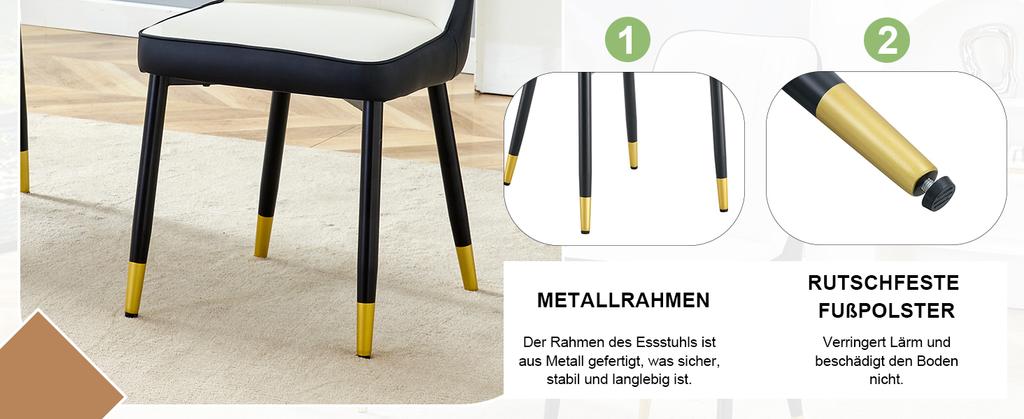Set of 2 Modern Dining Chairs with PU Leather Backrest in Black-White Combination and Black Metal Legs.