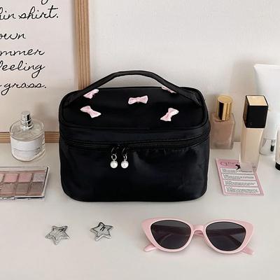 Simple Bow Black Makeup Bag Portable Zipper Storage Bag Pencil Case Cosmetic Organizer Travel Toiletry Case Handbag Girl Gift