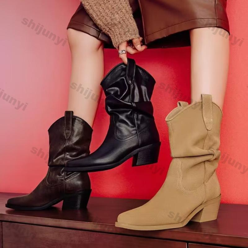 Fashion Women Chunky Heeled Western Boots Faux Suede Ankle Boots Woman Autumn Vintage Loose Tube Pleated  Mid Calf Cowboy Botas Mujer