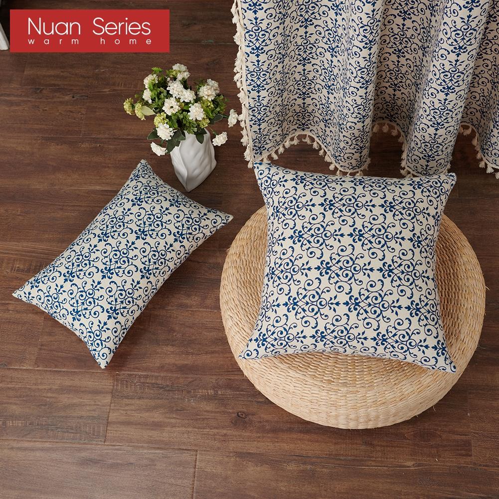 1PC Nuan Series Retro Chinese Classical Blue and White Porcelain Printed Cotton and Linen Pillowcase for Sofa Living Room Bedroom Home Decor
