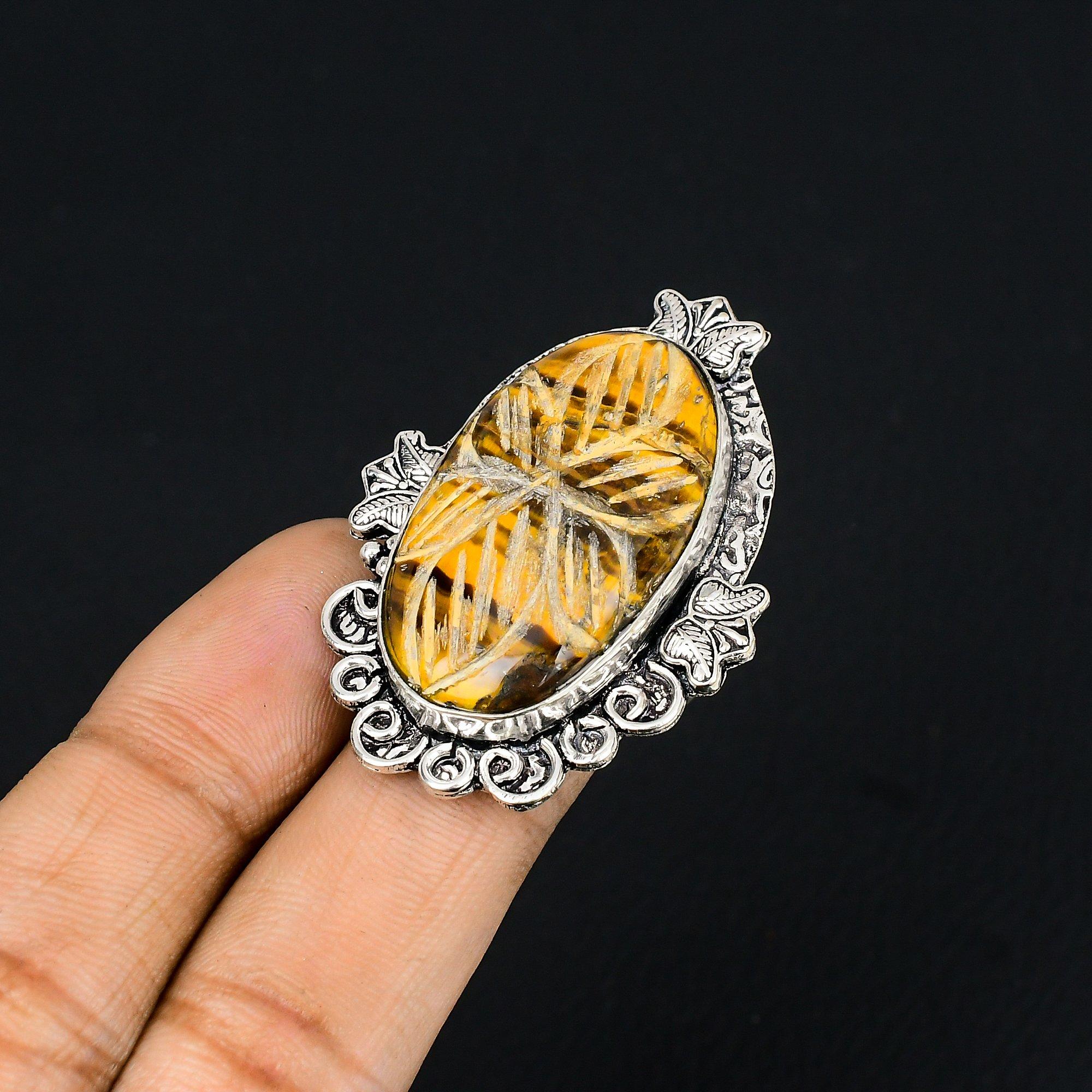 Sisters Day Deal Carved Tiger Eye Gemstone Sterling Silver Statement Ring US 6.5 6.5