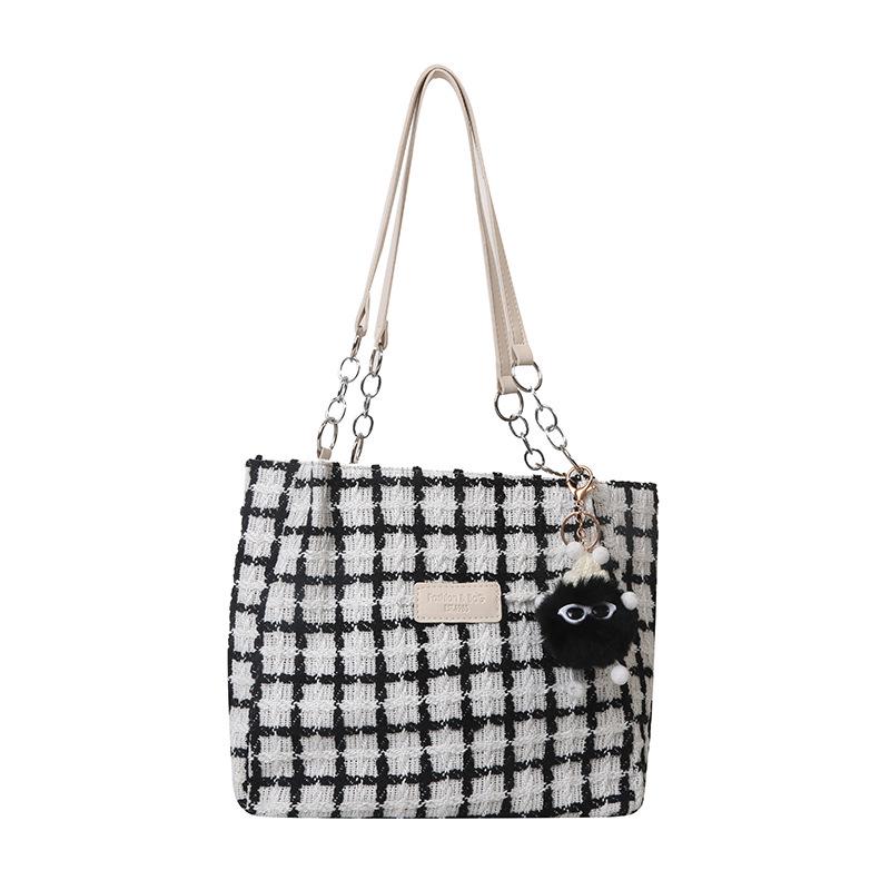 2023 Karierter Woll-Tote: Herbst/Winter Damen Vielseitige Schulter-Eimer-Tasche, Große Kapazität
