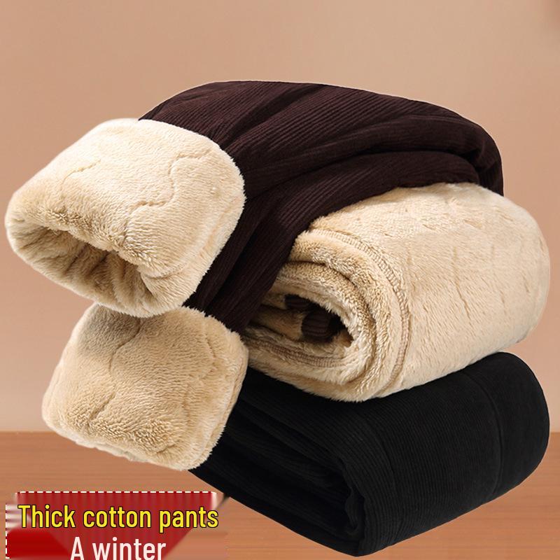 Mom's Winter Style High Waist Corduroy Cotton Pants for Middle-Aged and Elderly Women - Loose, Plus Velvet, Straight Leg
