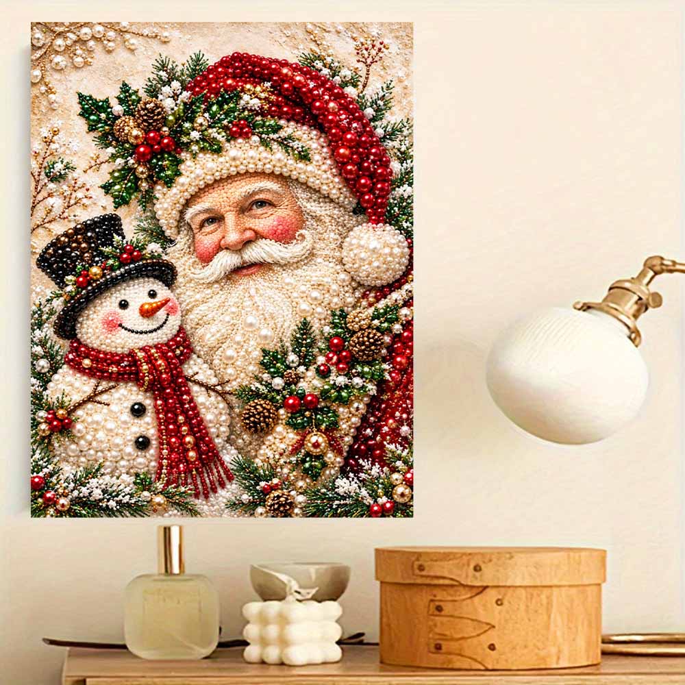 Santa Claus and Snowman Pearl Painting with Frame 3D Sparkling Canvas Art Relaxing Craft for Bedroom Wall Decor Gift Holiday Wall Art